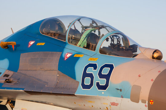 Detailed shot of Ukraine Air Force Sukhoi SU-27 military fighter jet