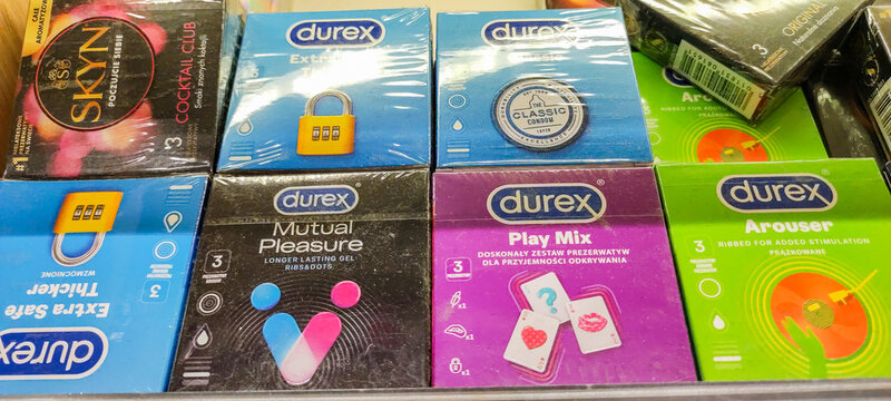 Pruszcz Gdanski, Poland - February 23, 2022: Different Durex condoms packs.  Stock Photo | Adobe Stock