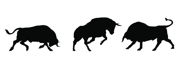 Bull set. stylized silhouettes of standing and nipping bulls. White background isolated. Bull logo design set. index. Vector 