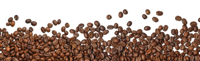 Many roasted coffee beans on white background, top view. Banner design