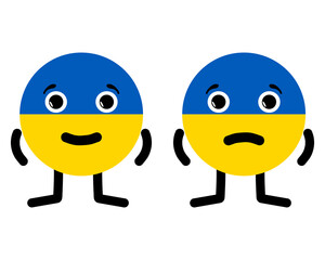Two characters in the form of national Ukrainian flag. Happy and sad cartoon emoticon is depicted as Ukraine. Cute emoji faces symbolizing the situation in the country during military operations.