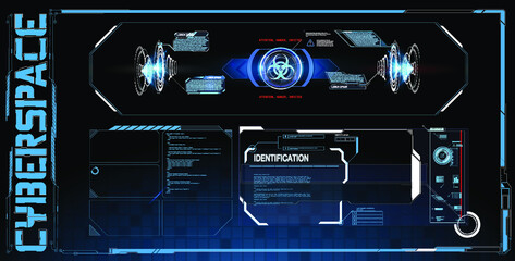 Set frames for streaming, virtual online communication on the Internet. Futuristic square HUD frames. Abstract style on blue background. Blank display, for show product in futuristic cyberpunk style.