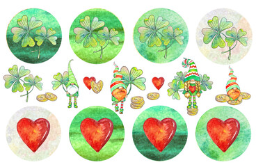Set of round stickers or keychains with watercolor gnomes for St. Patrick's Day and hearts