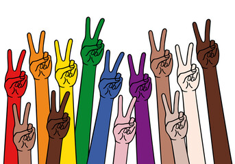 Hands with peace sign, victory symbol, diversity concept, rainbow colors, vector - 489269753