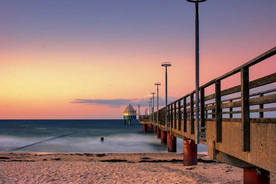 Seeb&auml;derbr&uuml;cke Zingst, Winter, Sturm, Sonnenuntergang, Langzeitbelichtung