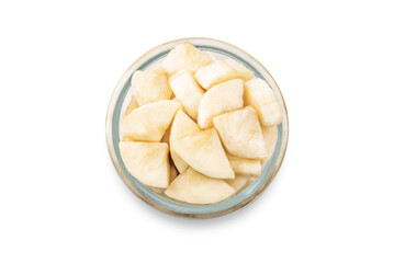 Greek yogurt with banana slices in a glass on a white isolated background