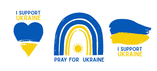 I Support Ukraine, Ukrainian flag with a Pray for Ukraine concept icon set. Save from Russia stickers for media. - 489270129