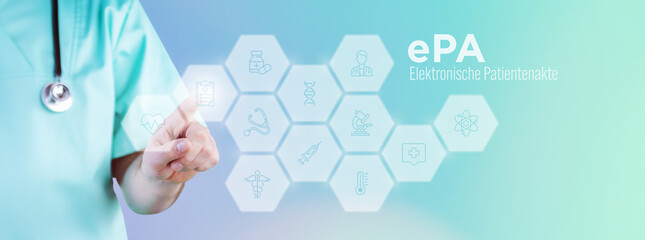 Elektronische Patientenakte (ePA). Männlicher Arzt zeigt mit Finger auf digitales Hologramm aus Icons. Text mit medizinischen Begriff. Konzept für Digitalisierung in der Medizin - obrazy, fototapety, plakaty