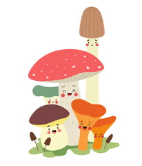 Funny mushrooms, children's illustration, print, cartoon characters. Vector.