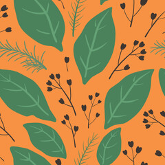 Trendy seamless pattern with botanical elements of leaves and twigs. Vector illustration.
