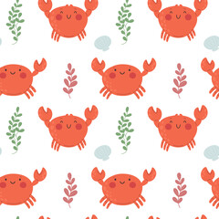 Seamless pattern with funny crabs and shells. Vector illustration.