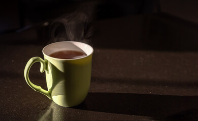 Banner of Green cup with hot tea in the sunlight. Lifestyle domestic photo concept. Minimalistic composition with copy space for text. Breakfast time with tasty warm drink