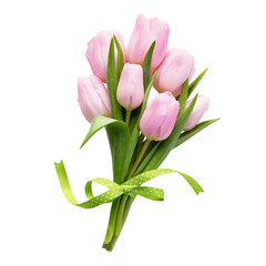 Fresh red tulip flowers bouquet on shelf in front of wooden wall.