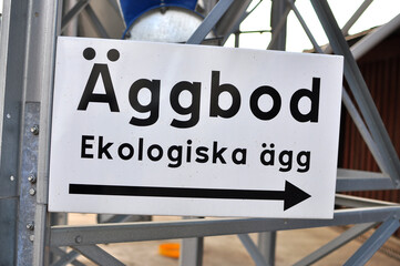 Close up of sign with the text egg house, ecological egg in swedish.