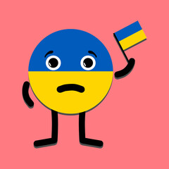 A sad Ukraine country is depicted as a character holding a national flag in his hand. The concept of the independence of the country and the protest against war and conflict with a neighboring state.