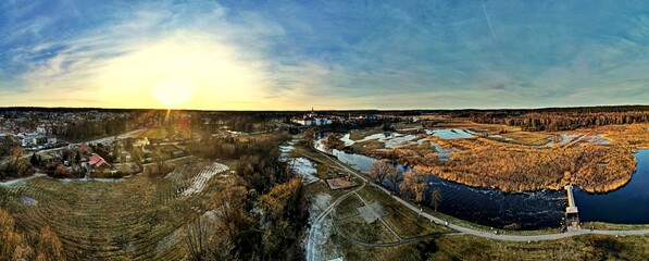 Panorama.Landscape from above on the towns of Suprasl and the river Suprasl on a sunny ,winter day.