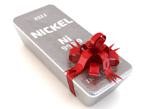 Nickel. Bullion Of The Highest Standard As A Gift. One Ingot Of 999.9 Fine Nickel Tied With A Red Ribbon And A Bow. 3D Illustration