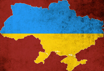 The map and the flag of Ukraine on a red background