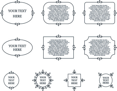 Beautiful vintage border frames. Rectangular, round, oval, square vector shapes with swirls
