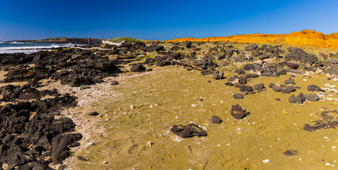 Red Clay and Green Sand With Lava Covered Beach on The  Papakolea Beach Trail, Hawaii Island, Hawaii, USA