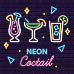 Colored neon poster group of cocktail icons signboard Vector