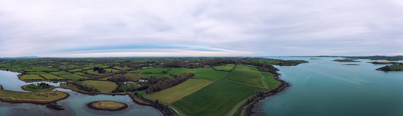 aerial panoramic view of winter countryside morning, Northern Ireland