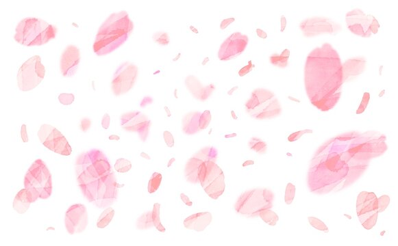 水彩画。水彩タッチの桜の花びら。春に舞う桜の花びらと白背景。Watercolor painting. Cherry blossom petals with a touch of watercolor. Cherry blossom petals dancing in spring and white background.