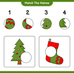 Match the halves. Match halves of Christmas Sock and Christmas Tree. Educational children game, printable worksheet, vector illustration
