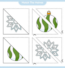 Match the halves. Match halves of Snowflake and Christmas Ball. Educational children game, printable worksheet, vector illustration