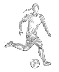Drawing of female soccer player dominating the ball made from sketch-style brush strokes