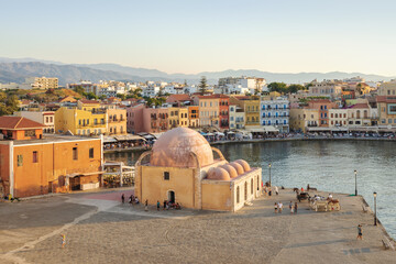Sunset in Chania town, view to th old mosque, Crete, Greece
