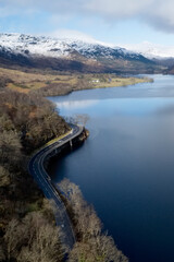 Loch Lomond aerial view showing the A82 road during autumn