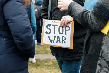 No war, Stop War signs at a demonstration against the invasion of Ukraine