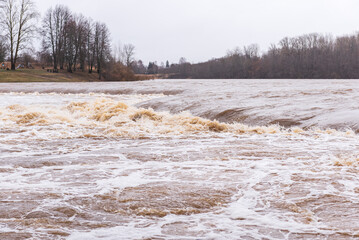 The Venta Rapid is the widest waterfall in Europe. High water level in spring day, so that the...