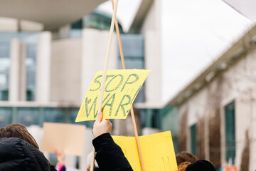 No war, Stop War signs at a demonstration against the invasion of Ukraine