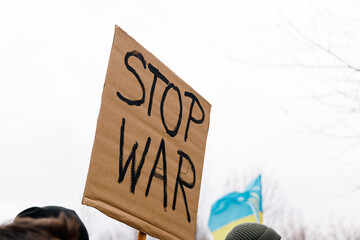 No war, Stop War signs at a demonstration against the invasion of Ukraine