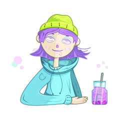 Vector girl dressed in blue hoodie and yellow hat who has eaten a spoon of tasty strawberry jam and some drops of the confiture have left on her face. Smiling young woman, kid with shut eyes.