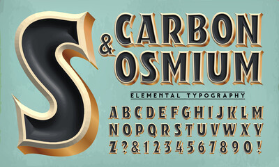 Carbon and Osmium is a 3d elegant alphabet design with beveled and incised details. Posh and luxurious, this font is appropriate for high-end logos and insignias. © Mysterylab