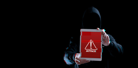 Hacker tablet cyber security. Digital mobile phone in hacker man hand isolated on black banner. Internet web hack technology. Data protection, secured internet access, cybersecurity. © Maksym