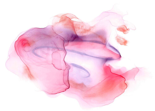 Fototapeta Abstract futuristic wallpaper with galaxy clouds. Modern watercolor aerial pattern in mauve gradient. 3D effect and optical illusion of deep space. Little house like a mushroom in lush wavy foliage.