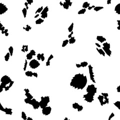 Seamless dalmatian fur animal print. Animal skin template. Spot background. Vector design illustration. Random bovine spots hand drawn design. Farm animal textural banner.