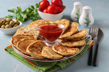 Fried fritters with ham, cheese, champignons and garlic, served for breakfast with ketchup