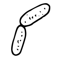 a black microbe icon in a double long shape with dots, in the style of hand-drawn doodles, double oval connected bacteria with an isolated black outline and the texture of dots highlighted on white fo