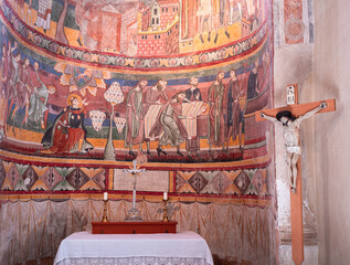 Mustair, Switzerland - September 28, 2021: A side chapel in the Carolingian church of Mustair with...