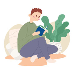Happy man reading a book Hygge lifestyle Vector