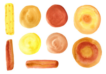 Set of bright textured watercolor brown, red and orange circles and brush strokes. Abstract watercolour warm colors round shapes for decoration, poster, banner, greeting cards design