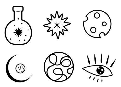 Set of magical doodle icons. Vector fantasy collection of black linear witchcraft symbols. Esoteric occultism elements
