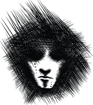 Scary face illustration on white background. Black lines hand drawn gothic character. Witcher design