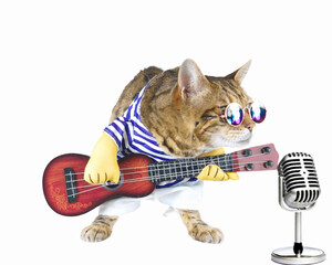 Funny Bengal cat dressed up in costume with a guitar on white background