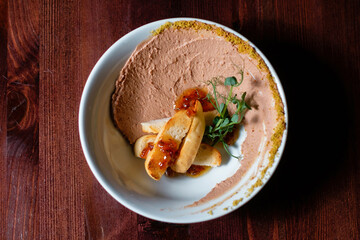 Pate with croutons and caviar. Restaurant menu design concept.